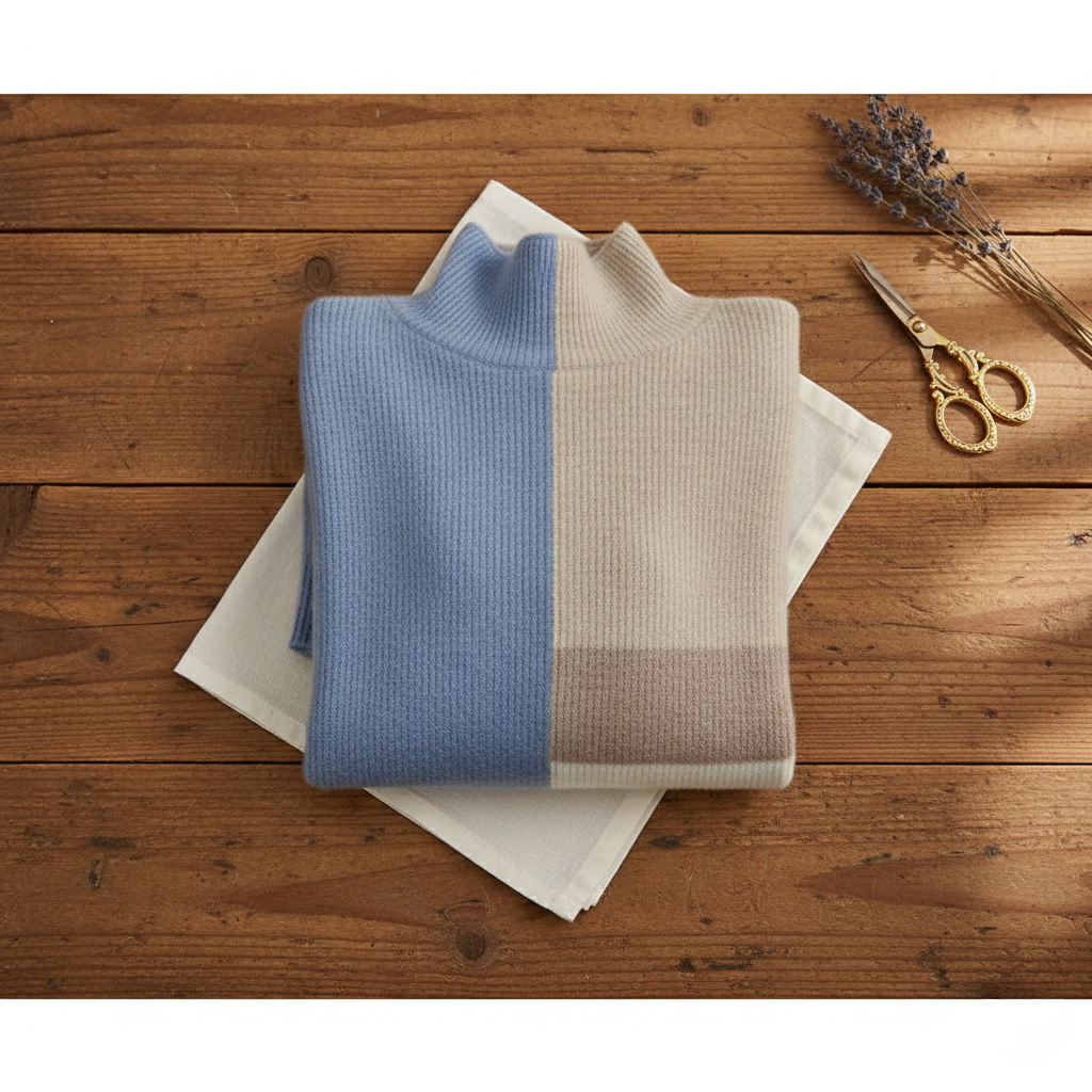 Kasjmier Trui in Blokpatroon Blauw-Beige